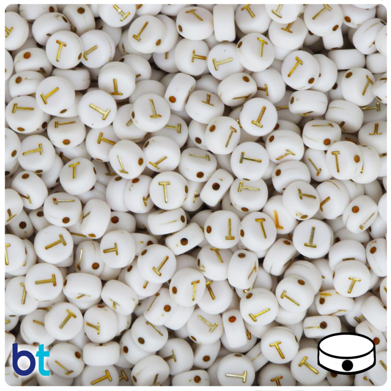 BeadTin White Opaque 7mm Coin Plastic Alpha Beads - Gold Letter T (100pcs)